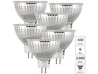 Luminea 6er-Set LED-Glas-Spot, GU5.3, 6W (ersetzt 40W), 500lm, 3000K, warmweiß; LED-Tropfen E27 (warmweiß) LED-Tropfen E27 (warmweiß) LED-Tropfen E27 (warmweiß) LED-Tropfen E27 (warmweiß) 