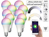 Luminea Home Control 10er-Set WLAN-LED-Lampen für Amazon Alexa/Google Assistant, E27,12 W; WLAN-Steckdosen mit Stromkosten-Messfunktion WLAN-Steckdosen mit Stromkosten-Messfunktion 