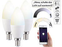 Luminea 3er-Set WLAN-LED-Lampen mit Sprachsteuerung, E14, CCT, F; LED-Tropfen E27 (warmweiß) LED-Tropfen E27 (warmweiß) LED-Tropfen E27 (warmweiß) LED-Tropfen E27 (warmweiß) 