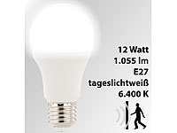 Luminea LED-Lampe mit Radar-Bewegungssensor, 12 W, E27, tageslichtweiß 6.400 K; LED-Tropfen E27 (warmweiß) LED-Tropfen E27 (warmweiß) 