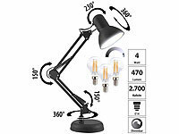 Luminea Retro-Schreibtischlampe mit  LED-Filament-Lampe, 470 lm, 4 W, warmweiß; LED-Filament-Kerzen E14 (warmweiß) LED-Filament-Kerzen E14 (warmweiß) LED-Filament-Kerzen E14 (warmweiß) LED-Filament-Kerzen E14 (warmweiß) 