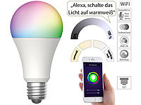 Luminea Home Control WLAN-LED-Lampe für Amazon Alexa/Google Assistant, E27, RGB, CCT, 12 W; WLAN-Steckdosen mit Stromkosten-Messfunktion WLAN-Steckdosen mit Stromkosten-Messfunktion 