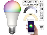 Luminea Home Control WLAN-LED-Lampe, für Amazon Alexa und Google Assistant, E27, RGBW, 15 W; WLAN-Steckdosen mit Stromkosten-Messfunktion WLAN-Steckdosen mit Stromkosten-Messfunktion 