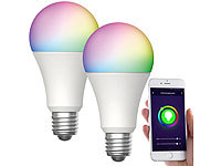 Luminea Home Control 2er-Set WLAN-LED-Lampen, für Amazon Alexa/GA, E27, RGB, CCT, 12 W; WLAN-Steckdosen mit Stromkosten-Messfunktion WLAN-Steckdosen mit Stromkosten-Messfunktion 