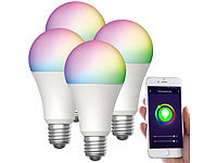 Luminea Home Control 4er-Set WLAN-LED-Lampen, für Amazon Alexa/GA, E27, RGB, CCT, 12 W; WLAN-Steckdosen mit Stromkosten-Messfunktion WLAN-Steckdosen mit Stromkosten-Messfunktion 
