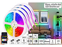 Luminea Home Control 4er-Set WLAN-RGBIC-LED-Lichtstreifen, App, Sprach & Soundsteuerung,5m; WLAN-LED-Steh-/Eck-Leuchten mit App WLAN-LED-Steh-/Eck-Leuchten mit App WLAN-LED-Steh-/Eck-Leuchten mit App WLAN-LED-Steh-/Eck-Leuchten mit App 