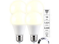 Luminea 4er-Set LED-Lampen mit 3 Helligkeits-Stufen, 14 W, 1.521 lm, 3000 K, F; LED-Tropfen E27 (warmweiß) LED-Tropfen E27 (warmweiß) LED-Tropfen E27 (warmweiß) 