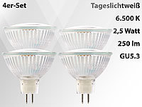 Luminea LED-Spotlight mit Glasgehäuse, GU5.3, 3 W, 12 V, 250 lm, weiß, 4er-Set; LED-Spots GU10 (warmweiß), LED-Tropfen E27 (tageslichtweiß) LED-Spots GU10 (warmweiß), LED-Tropfen E27 (tageslichtweiß) 