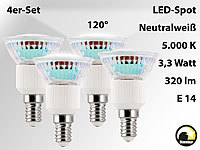 Luminea LED-Spot, dimmbar, E14, 60 LEDs, 3,3 Watt, weiß, 320 lm, 120°, 4er-Set; LED E14 Spotlampen LED E14 Spotlampen LED E14 Spotlampen 