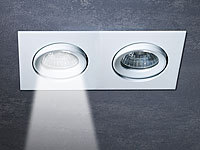 Luminea Einbaurahmen MR16 (GU10/GU5.3), weiß, rechteckig, Duo, für 2 Strahler; LED-Tropfen E27 (warmweiß) LED-Tropfen E27 (warmweiß) LED-Tropfen E27 (warmweiß) LED-Tropfen E27 (warmweiß) 