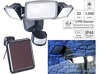 Luminea 3-fach-Solar-LED-Fluter für außen, PIR-Sensor, 32 W, 1.500 Lumen, IP44; LED-Fluter mit Bewegungsmelder (tageslichtweiß) LED-Fluter mit Bewegungsmelder (tageslichtweiß) 