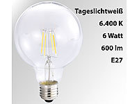 Luminea LED-Filament-Globelampe, G95, A++, E27, 6 W, 600lm, 360°, 6400K; LED-Tropfen E27 (warmweiß) 