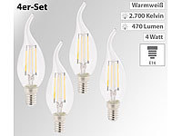 Luminea 4er-Set LED-Filament-Kerzen, E14, A+, 4 W, 470 Lm, warmweiß, Ba35; LED-Tropfen E27 (warmweiß) LED-Tropfen E27 (warmweiß) 