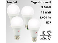 Luminea 4er-Set LED-Lampen E27, Dämmerungssensor, 11 W, 950 lm, tageslichtweiß; LED-Tropfen E27 (warmweiß) LED-Tropfen E27 (warmweiß) 
