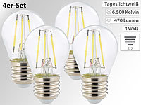 Luminea LED-Filament-Tropfen E27, G45-Form, 470 Lumen, 4 Watt, 360°, 4er-Set; LED-Tropfen E27 (warmweiß) LED-Tropfen E27 (warmweiß) 