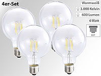 Luminea 4er-Set LED-Filament-Globelampe G95, E27, 6 W, 600 lm, 3.000 K, 360°; LED-Tropfen E27 (warmweiß) 