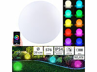 Luminea Home Control WLAN-Akku-Leuchtkugel mit RGBW-LEDs und App, 576 lm, IP54, Ø 20 cm; WLAN-LED-Steh-/Eck-Leuchten mit App 