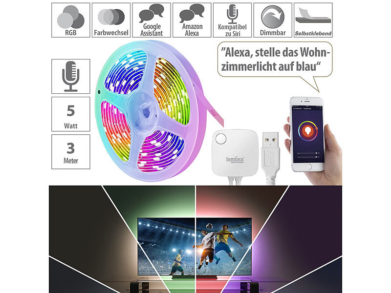 ; WLAN-RGB-LED-Lichtstreifen mit App und Sprachsteuerung, WLAN-RGBIC-LED-Lichtsteifen mit App und SprachsteuerungUSB-WLAN-LED-Streifen-Set in RGB und CCT mit Sprach- & Soundsteuerung 
