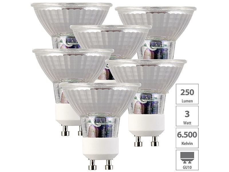 ; LED-Spots GU10 (warmweiß), LED-Tropfen E27 (tageslichtweiß) 