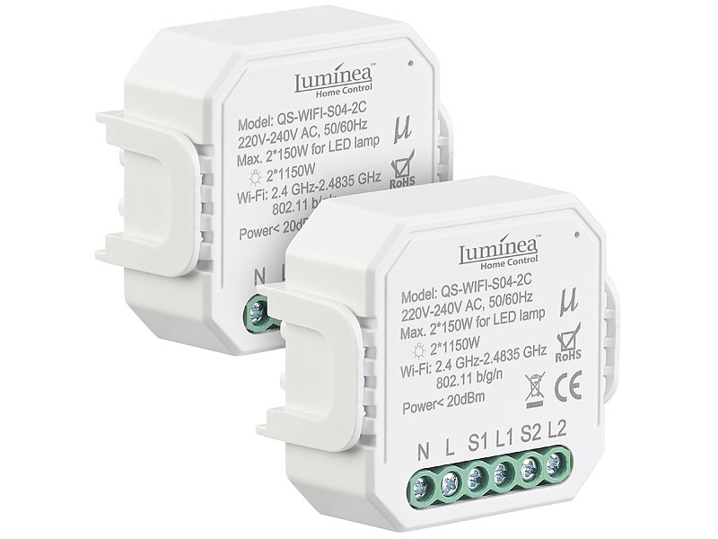 Luminea Home Control 2er-Set WLAN-Unterputz-2-Kanal-Lichtschalter mit App &  Sprachsteuerung