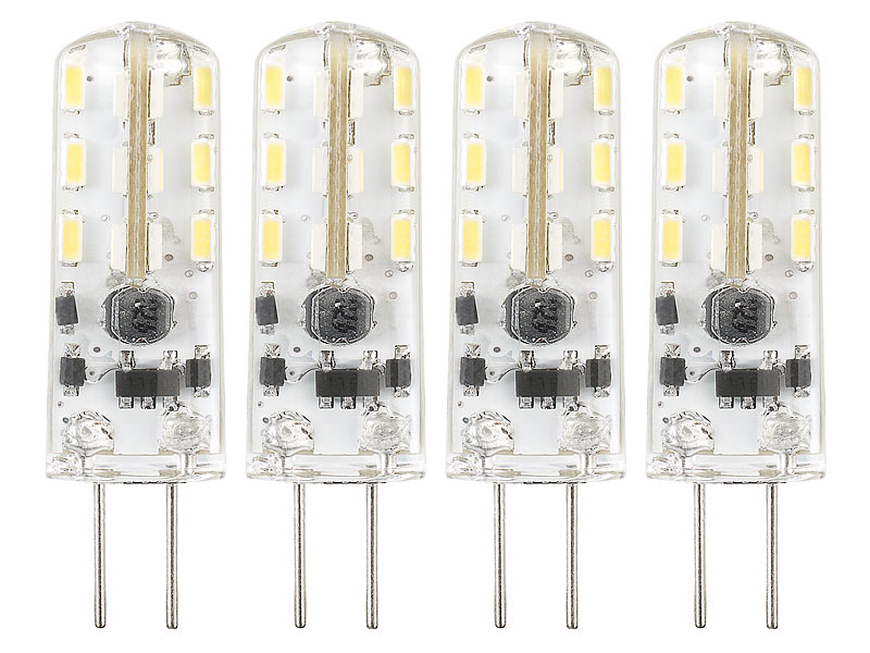Luminea LED-Stiftsockellampe mit Silikon, G4, 1,5 W, warmweiß, 4er-Set; Diverse Leuchtmittel: G4, GU4, GX53, G9, R7S etc., Led G4 Diverse Leuchtmittel: G4, GU4, GX53, G9, R7S etc., Led G4 Diverse Leuchtmittel: G4, GU4, GX53, G9, R7S etc., Led G4 