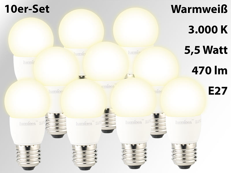 ; LED-Tropfen E27 (tageslichtweiß), LED-Spots GU10 (warmweiß) 