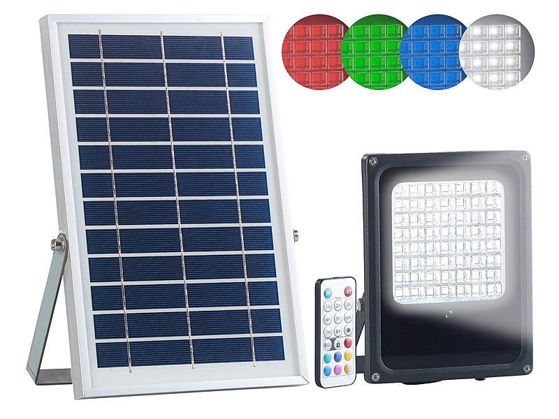 Luminea 2er-Set Solar-LED-Fluter für außen, RGBW, 30 W, Fernbedienung, Timer