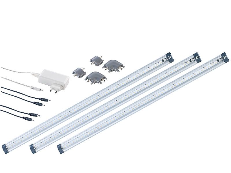 Luminea LED-Unterbauleuchte 50cm 3er-Set, Verbindungsstücke, Netzteil; LED Leuchtstoffröhre LED Leuchtstoffröhre LED Leuchtstoffröhre 
