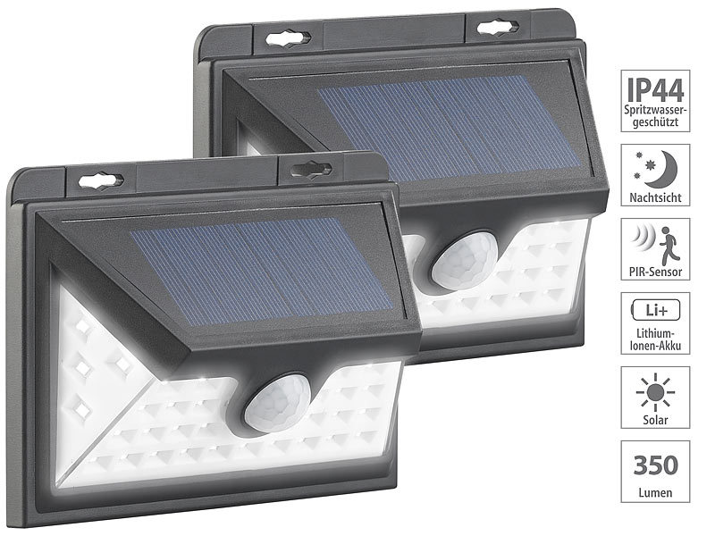 Luminea 2er-Set Solar-LED-Wandleuchten, Akku, Bewegungs-Sensor, 7,2 350 W lm