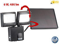 Luminea Duo-Solar-LED-Außenstrahler mit PIR-Bewegungssensor, 6 W, 480 lm, IP44; LED-Tropfen E27 (tageslichtweiß) LED-Tropfen E27 (tageslichtweiß) LED-Tropfen E27 (tageslichtweiß) 