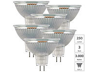 Luminea 6er-Set LED-Glas-Spots GU5.3, 3W (ersetzt 25W), 250lm, 3000K, warmweiß; LED-Spots GU10 (warmweiß), LED-Tropfen E27 (tageslichtweiß) 