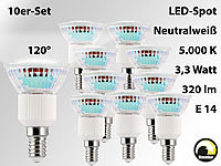 Luminea LED-Spot, dimmbar, E14, 60 LEDs, 3,3 W, weiß, 320 lm, 120°, 10er-Set; LED E14 Spotlampen 