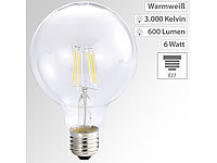 Luminea LED-Filament-Globelampe, G95, A++, E27, 6 Watt, 600 lm, 360°, 3000 K; LED-Tropfen E27 (warmweiß) LED-Tropfen E27 (warmweiß) 