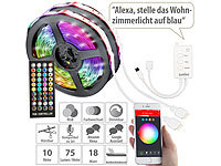 Luminea Home Control WLAN-RGB-LED-Streifen mit Sound-Steuerung, App, Sprachsteuerung, 10 m; WLAN-Steckdosen WLAN-Steckdosen 