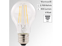 Luminea LED-Filament-Lampe, E27, A++, 6 Watt, 806 Lumen, 360°, warmweiß, A60; LED-Spots GU10 (warmweiß), LED-Tropfen E27 (tageslichtweiß) LED-Spots GU10 (warmweiß), LED-Tropfen E27 (tageslichtweiß) 