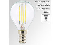 Luminea LED-Filament-Lampen, G45, E14, 470 lm, 4 W, 360°, 6.500 K; LED-Tropfen E27 (warmweiß) 