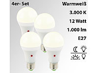 Luminea 4er-Set LED-Lampen mit Dämmerungssensor, E27, 12W, 1.000 lm, warmweiß; LED-Spots GU10 (warmweiß), LED-Tropfen E27 (tageslichtweiß) LED-Spots GU10 (warmweiß), LED-Tropfen E27 (tageslichtweiß) LED-Spots GU10 (warmweiß), LED-Tropfen E27 (tageslichtweiß) 