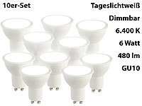 Luminea LED-Spot GU10, 6 Watt, 480 Lumen, A+, tageslichtweiß 6.400 K, 10er-Set; LED-Spots GU10 (warmweiß), LED-Tropfen E27 (tageslichtweiß) LED-Spots GU10 (warmweiß), LED-Tropfen E27 (tageslichtweiß) 