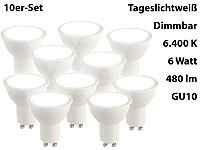 Luminea LED-Spot GU10, 6 Watt, 480 Lumen, A+, tageslichtweiß 6.400 K, 10er-Set; LED-Spots GU10 (warmweiß), LED-Tropfen E27 (tageslichtweiß) LED-Spots GU10 (warmweiß), LED-Tropfen E27 (tageslichtweiß) 