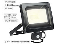 Luminea LED-Fluter mit PIR-Sensor, 50 Watt, 4.000 Lumen, warmweiß, IP44; Wetterfester LED-Fluter (tageslichtweiß), LED-Fluter mit Bewegungsmelder (tageslichtweiß) Wetterfester LED-Fluter (tageslichtweiß), LED-Fluter mit Bewegungsmelder (tageslichtweiß) Wetterfester LED-Fluter (tageslichtweiß), LED-Fluter mit Bewegungsmelder (tageslichtweiß) 