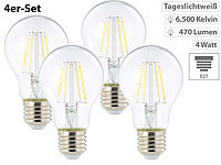 Luminea LED-Filament-Birne A60, E27, 470 lm, 4 W, 360°, 6.500 K, 4er-Set; LED-Spots GU10 (warmweiß) 