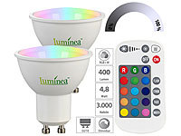 Luminea 2er-Set LED-Spots GU10, RGBW, 4,8 W (ersetzt 40 W), 400 lm, dimmbar; LED-Tropfen E27 (warmweiß) LED-Tropfen E27 (warmweiß) 