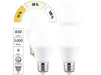 Luminea 4er-Set LED-Lampen E27 9W (ers. 75W) 3-stufig dimmbar 830lm tageslicht; LED-Tropfen E27 (warmweiß) LED-Tropfen E27 (warmweiß) 
