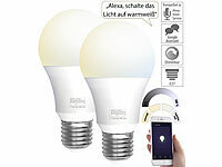 Luminea Home Control 2er-Set WLAN-LED-Lampe, E27, 806lm, AmazonAlexa & GoogleAssistant, CCT; LED-Lampen, LeuchtmittelWLAN-LeuchtmittelWLAN-Lampen AlexaWLAN-LichtWiFi-kompatible WLAN-LED-LampenWLAN-LED-BirnenLED-LeuchtmittelLED-Leuchtmittel E27LED-Lampen für Smarthome-SystemeInnenraumbeleuchtungenGlühlampen Sparlampen Glühbirnen Energiesparlampen Spots Farben kaltweiß warmweiß Birnenformen SMDsLED-Lampen für E27-FassungenLeuchten AlexaWireless LED Bulbs with voice control 