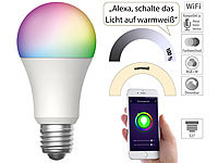 Luminea Home Control WLAN-LED-Lampe, für Amazon Alexa und Google Assistant, E27, RGBW, 15 W; WLAN-Steckdosen mit Stromkosten-Messfunktion WLAN-Steckdosen mit Stromkosten-Messfunktion WLAN-Steckdosen mit Stromkosten-Messfunktion 