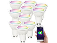 Luminea Home Control 10er-Set WLAN-LED-Spots für Amazon Alexa & GA, GU10, RGB, CCT, 5 Watt; WLAN-Steckdosen mit Stromkosten-Messfunktion WLAN-Steckdosen mit Stromkosten-Messfunktion WLAN-Steckdosen mit Stromkosten-Messfunktion