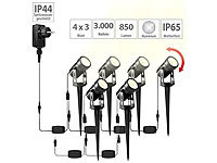 Luminea 6er-Set Aluminium-Gartenspots mit COB-LEDs und Erdspieß, 850 lm, 12 W; Solar-LED-Wandlichter mit Nachtlicht-Funktion, Wetterfeste LED-Fluter mit Radar-Bewegungssensor (warmweiß)