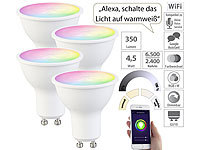 Luminea Home Control 4er-Set WLAN-LED-Spots, GU10, RGB-CCT 4,5 Watt, 326 lm, 45°, App; WLAN-LED-Lampen E27 RGBW 