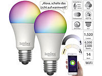 Luminea Home Control 2er-Set WLAN-LED-Lampe, E27, RGB-CCT, 14W (ersetzt 150W), 1.520lm, App