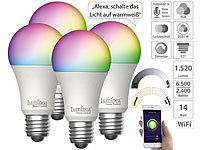 Luminea Home Control 4er-Set WLAN-LED-Lampen, E27, RGB-CCT, 14W(ersetzt 150W), 1.520lm, App; WLAN-Steckdosen mit Stromkosten-Messfunktion WLAN-Steckdosen mit Stromkosten-Messfunktion WLAN-Steckdosen mit Stromkosten-Messfunktion WLAN-Steckdosen mit Stromkosten-Messfunktion 